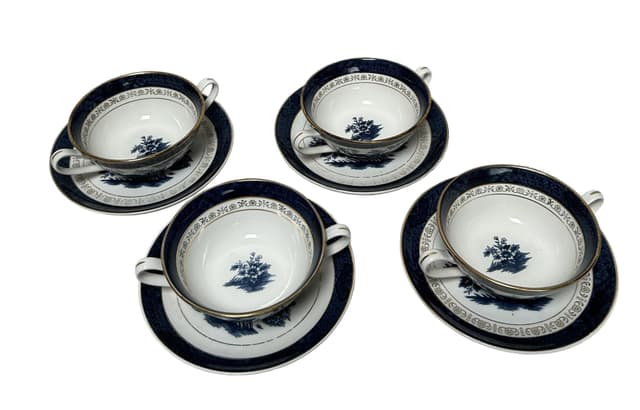 Zestaw czterech bulionówek Double Phoenix, porcelana kremowa, kobaltowy niebieski, złote wykończenia, Japonia, lata 50. - WYMIARY