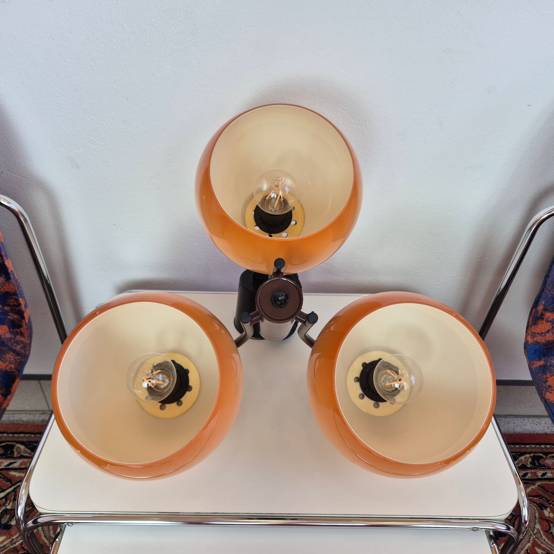 Pendant lamp Space Age, ombre beige orange plastic, brown metal, Hungary, 1960s. - 316615