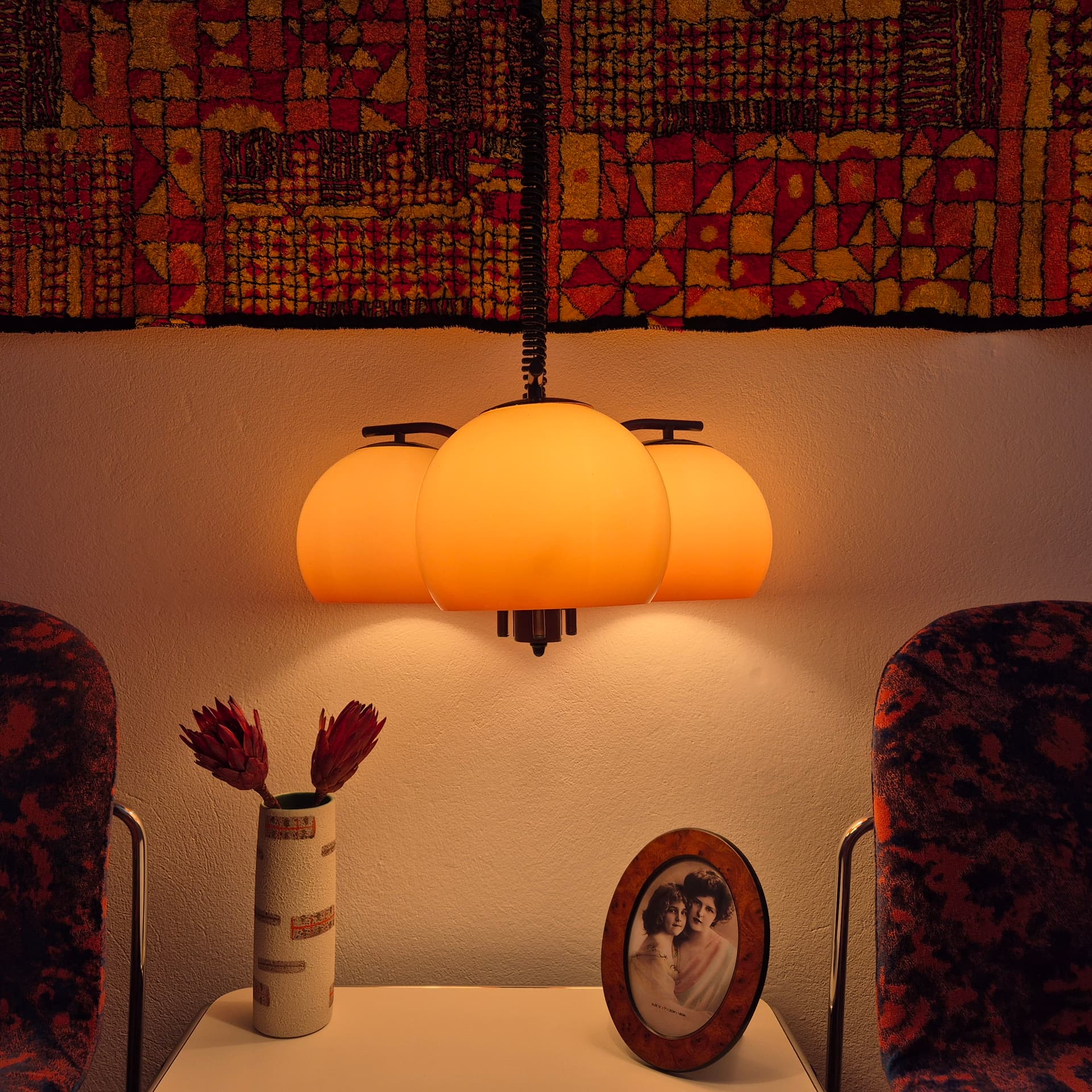 Pendant lamp Space Age, ombre beige orange plastic, brown metal, Hungary, 1960s. - 316621