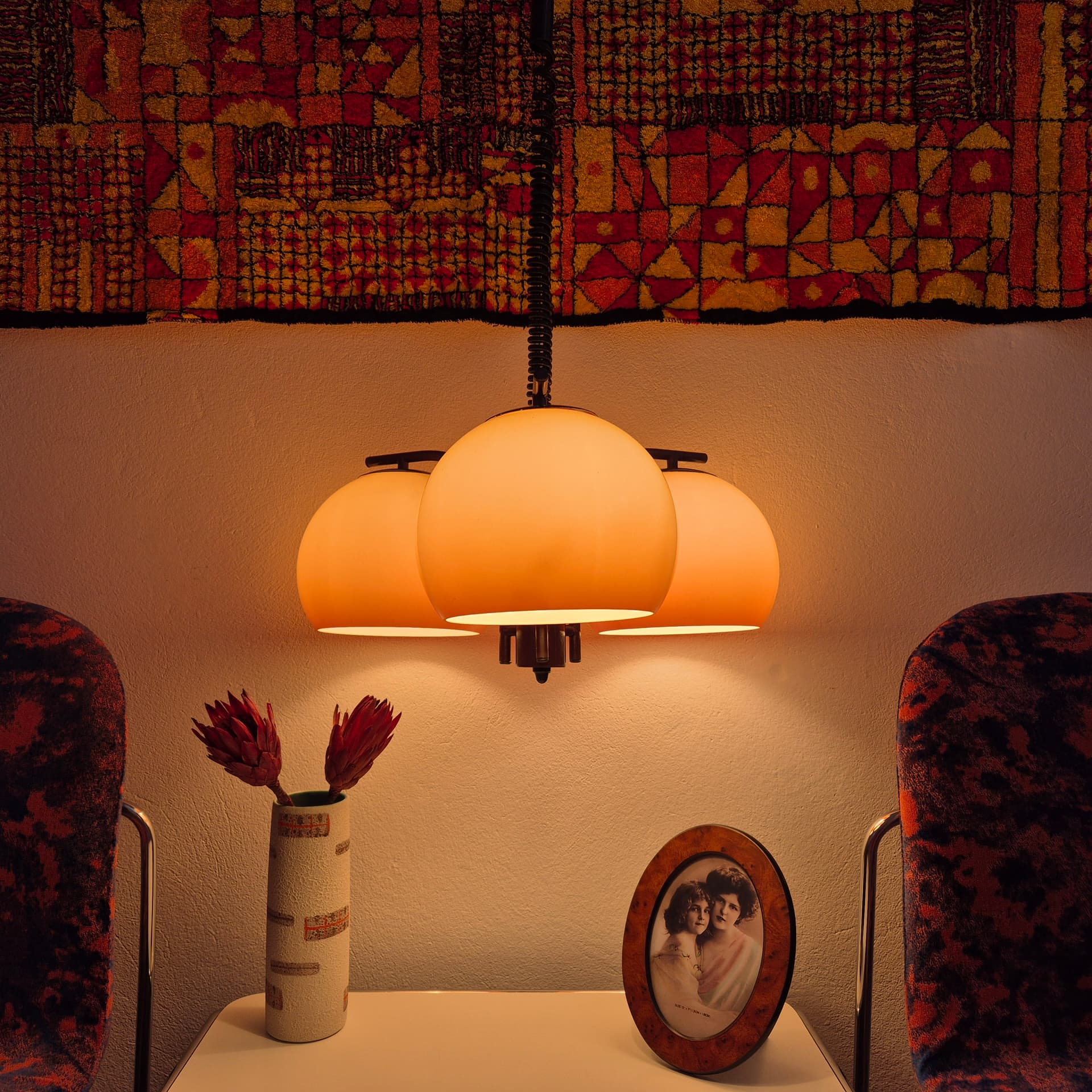 Pendant lamp Space Age, ombre beige orange plastic, brown metal, Hungary, 1960s. - 316622
