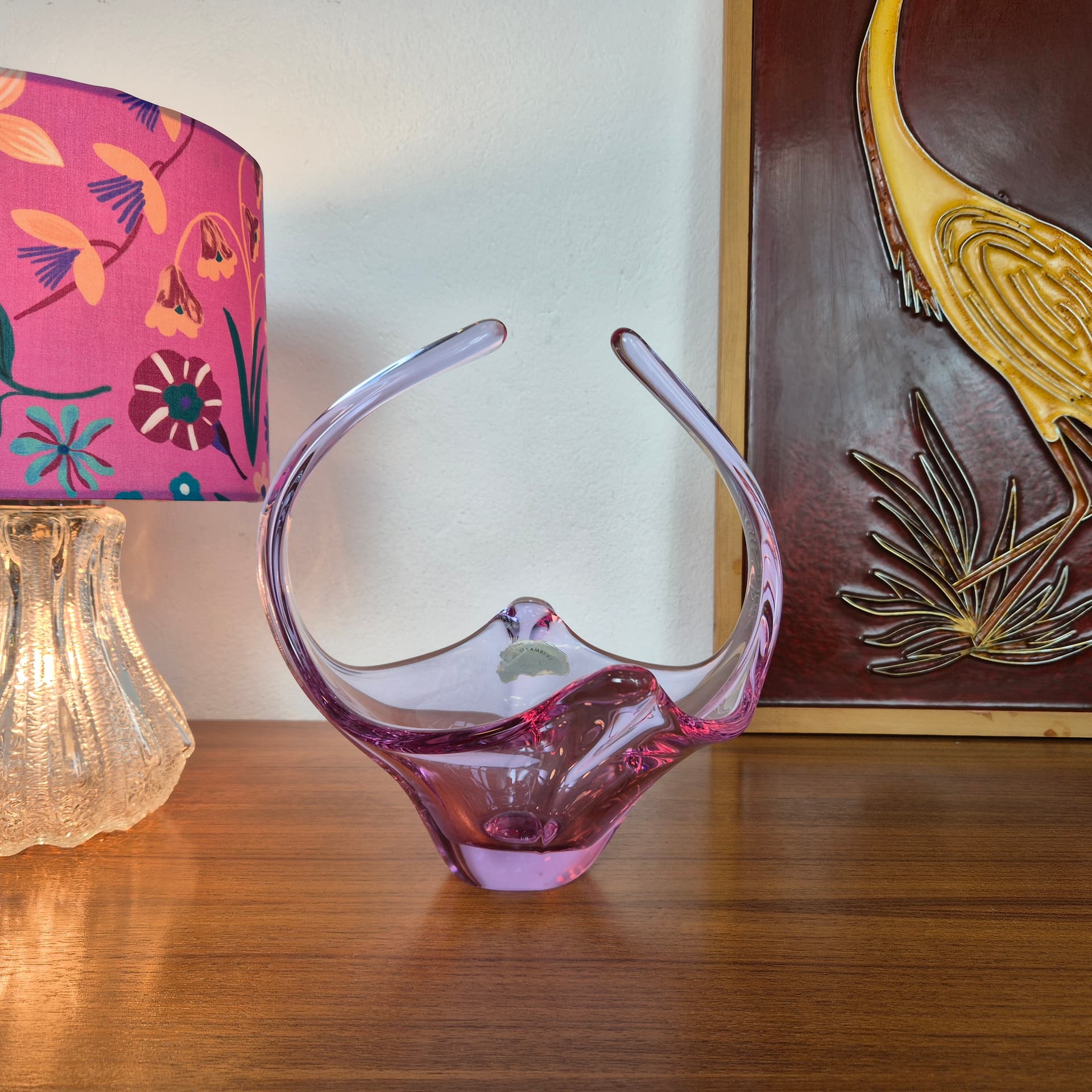 Decorative bowl, pink purple transparent glass, Val St. Lambert, Belgium, 1960s. - 316693