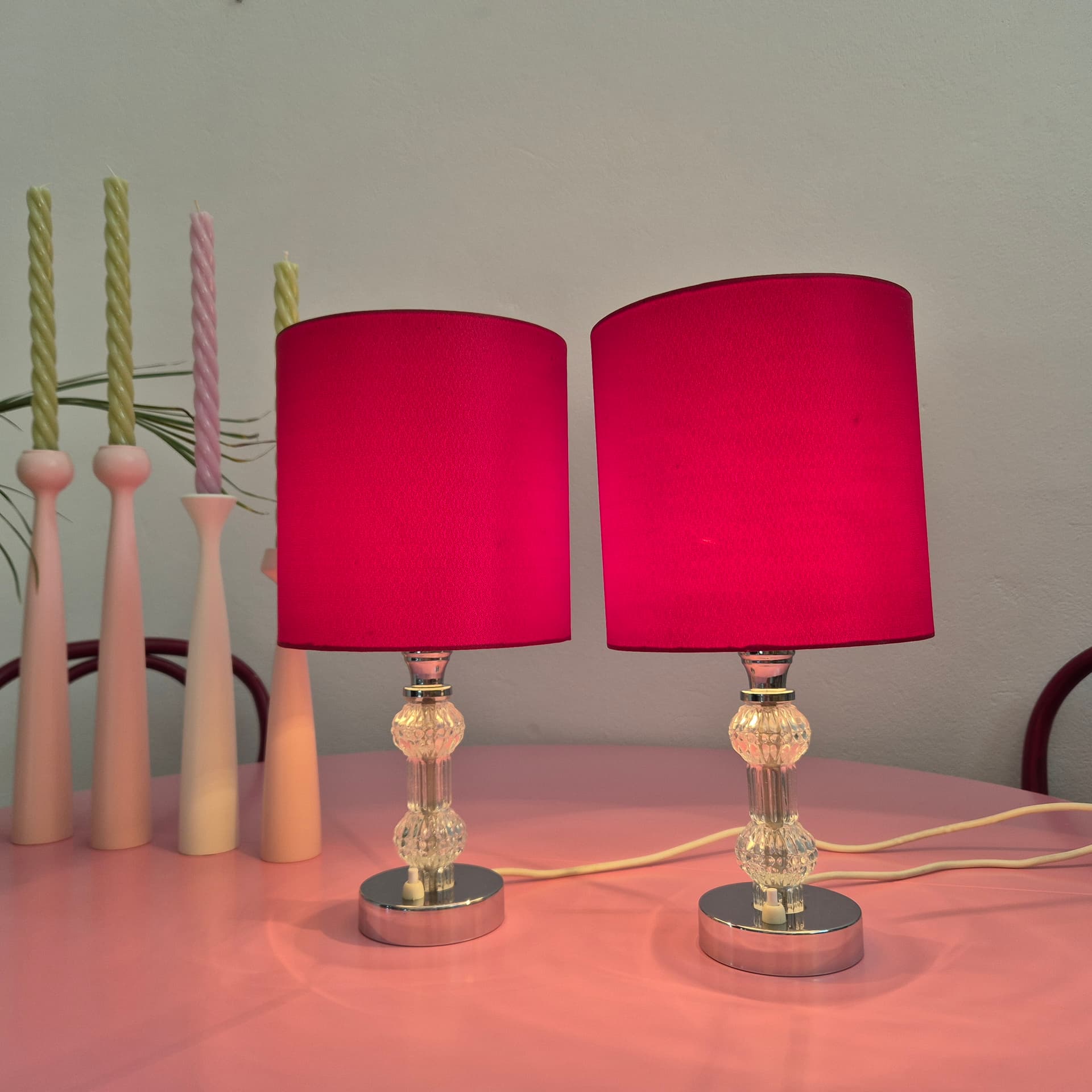 Pair of table lamps, red, transparent glass, silver chrome, Germany, 1960s. - 316724