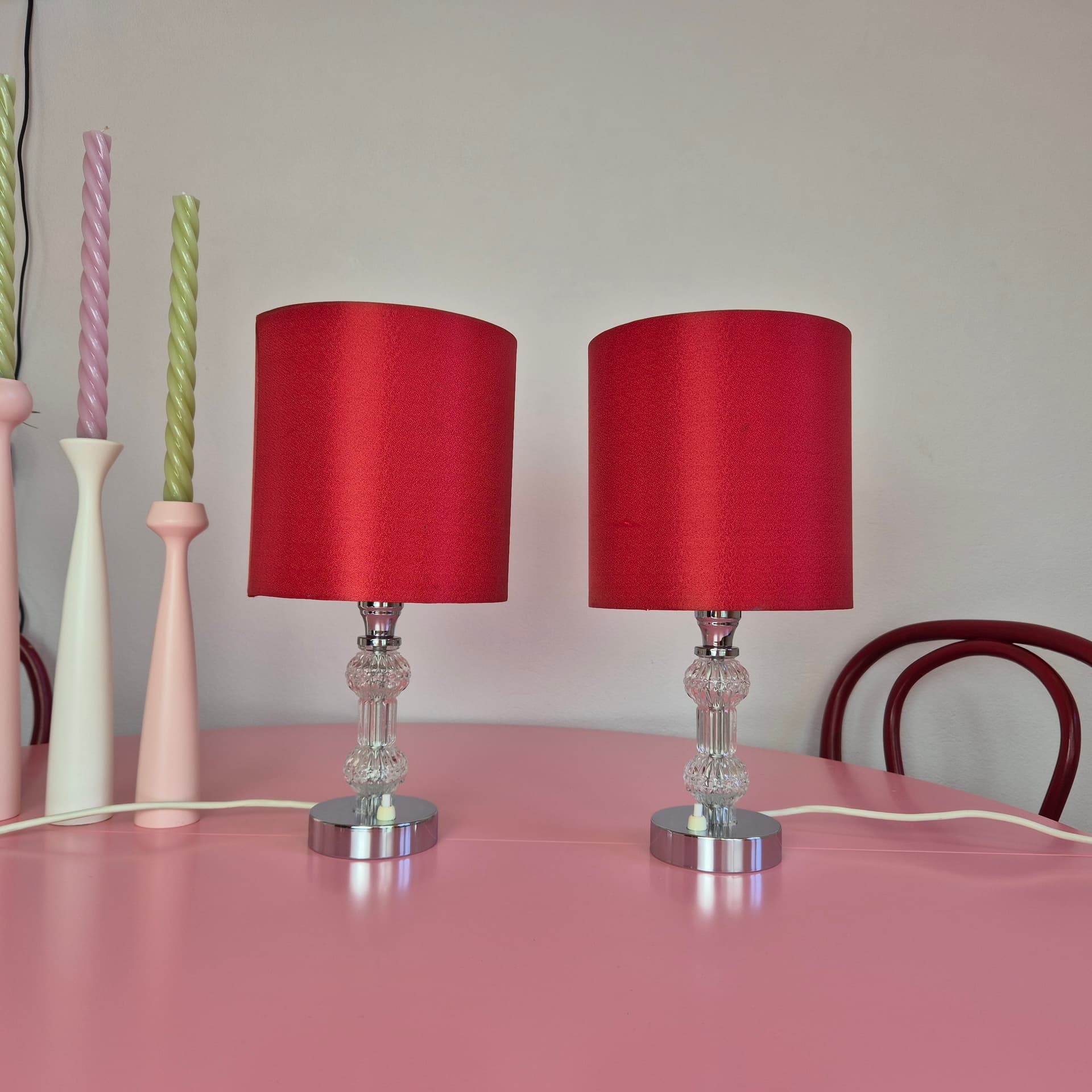 Pair of table lamps, red, transparent glass, silver chrome, Germany, 1960s. - 316723