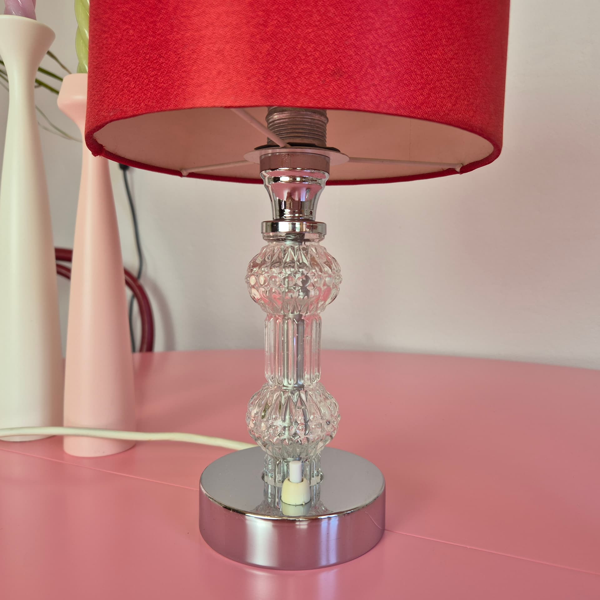 Pair of table lamps, red, transparent glass, silver chrome, Germany, 1960s. - 316719
