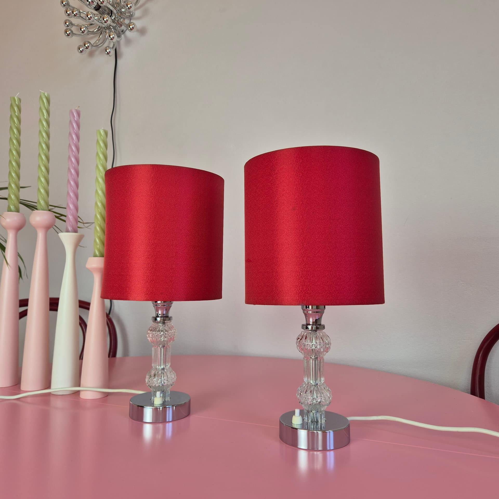 Pair of table lamps, red, transparent glass, silver chrome, Germany, 1960s. - 316716