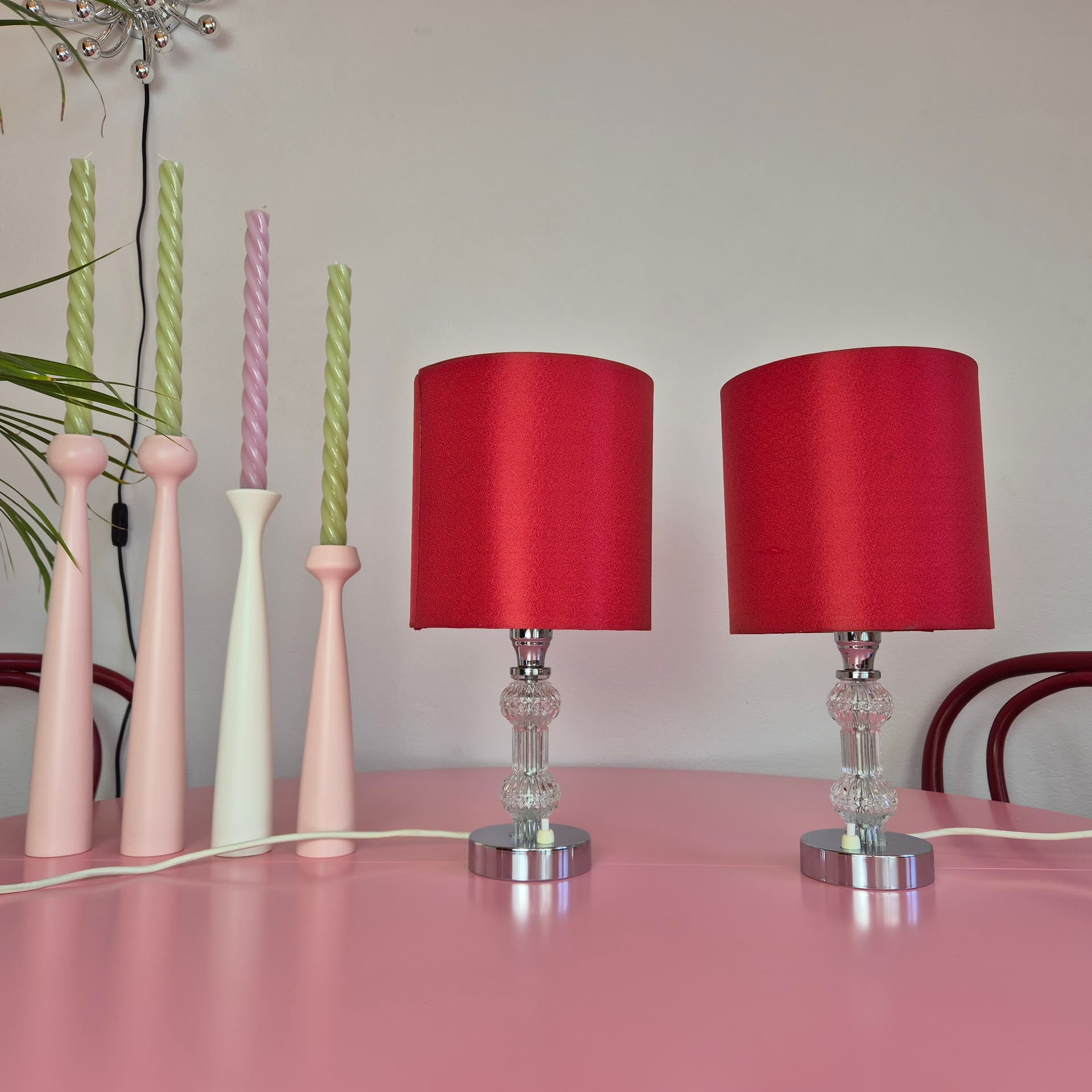 Pair of table lamps, red, transparent glass, silver chrome, Germany, 1960s. - 316722