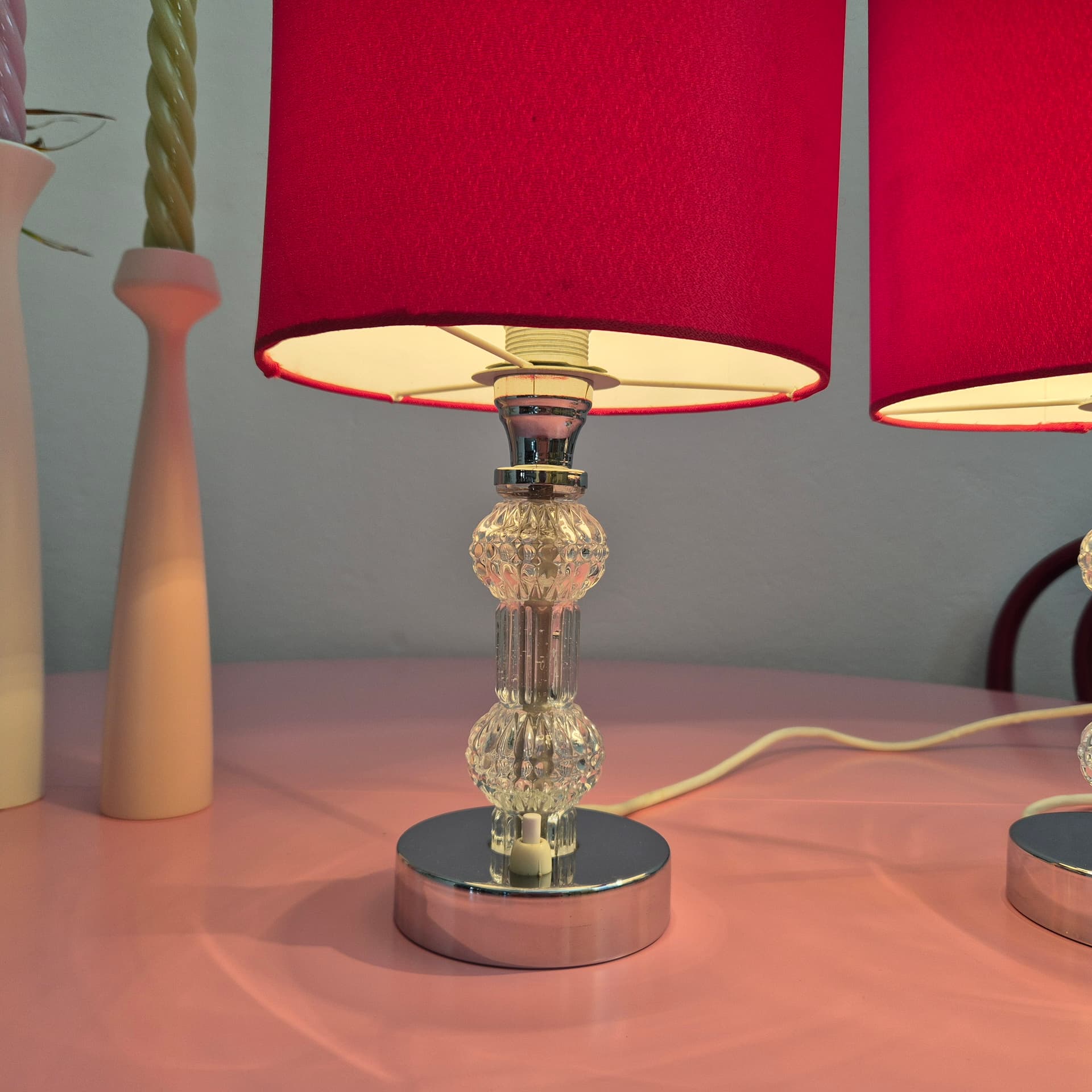 Pair of table lamps, red, transparent glass, silver chrome, Germany, 1960s. - 316726