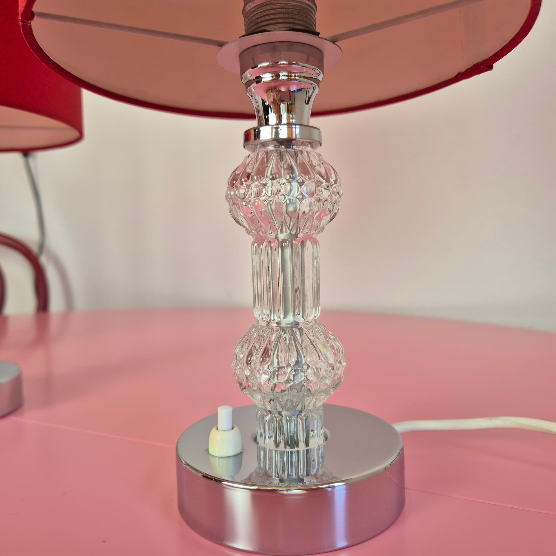 Pair of table lamps, red, transparent glass, silver chrome, Germany, 1960s. - 316721