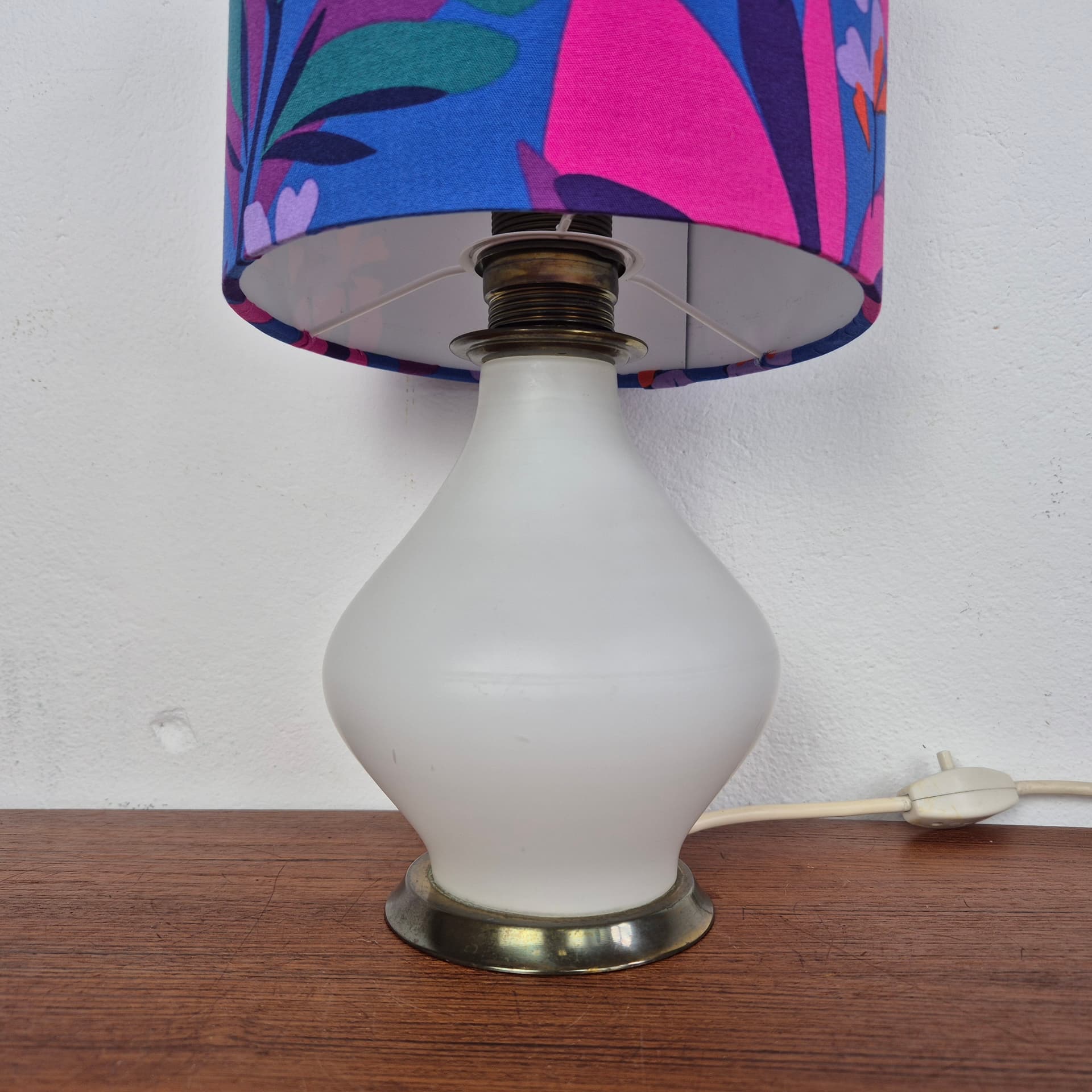 Table lamp, opal white glass, brass metal, multicolor fabric, Germany, 1970s. - 316758