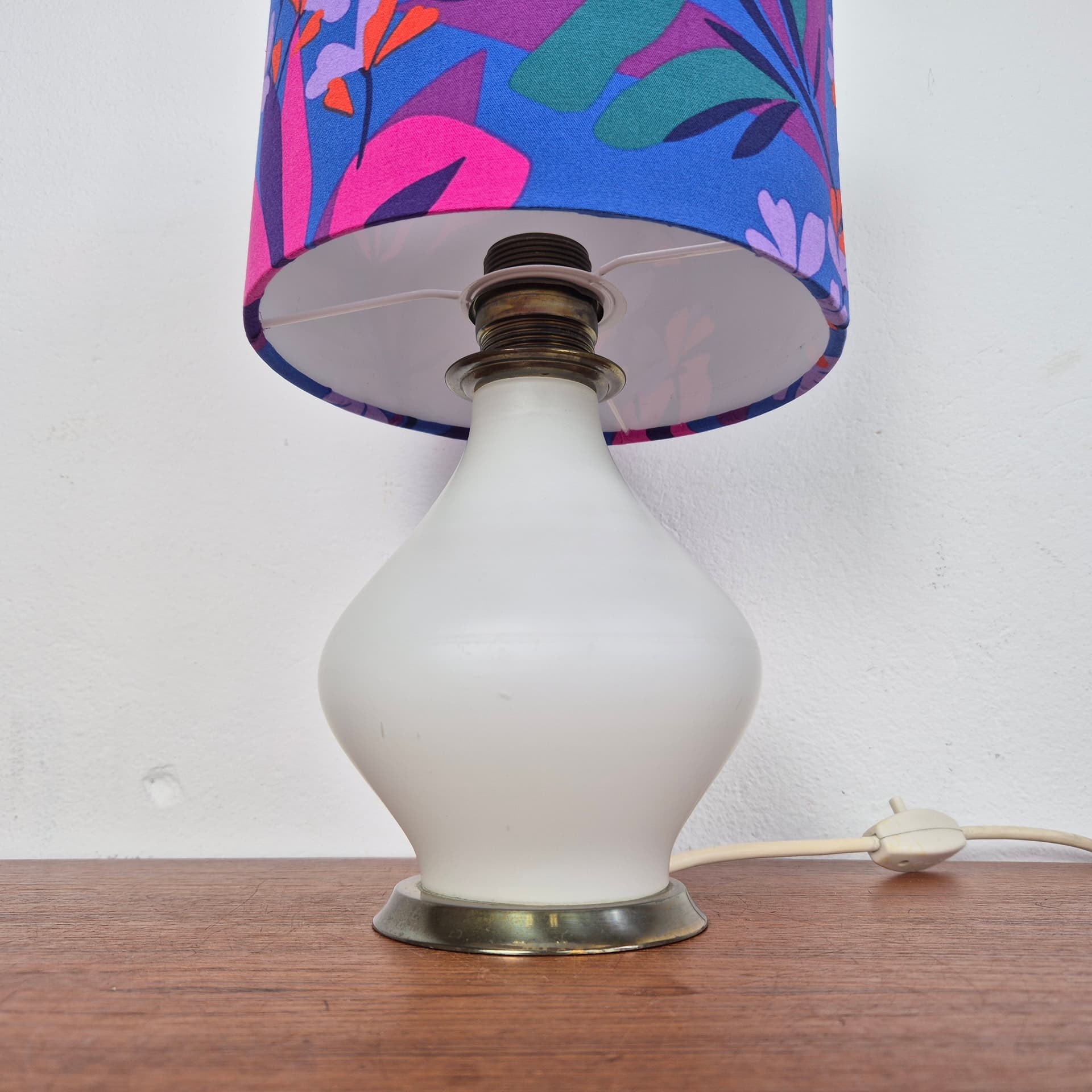 Table lamp, opal white glass, brass metal, multicolor fabric, Germany, 1970s. - 316755