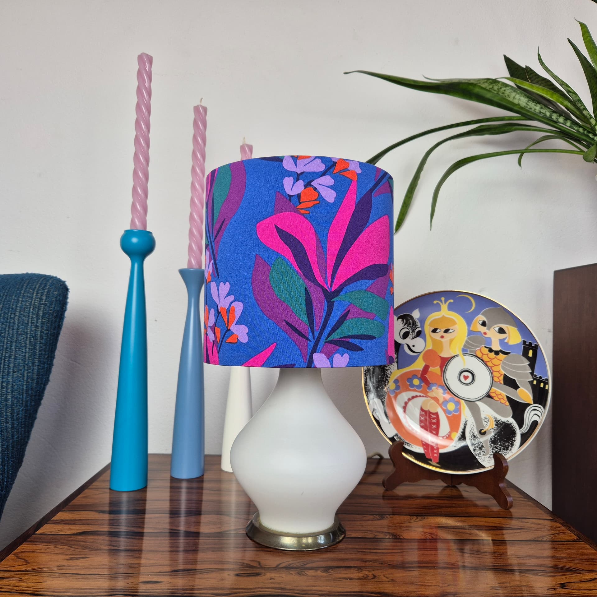 Table lamp, opal white glass, brass metal, multicolor fabric, Germany, 1970s. - 316753