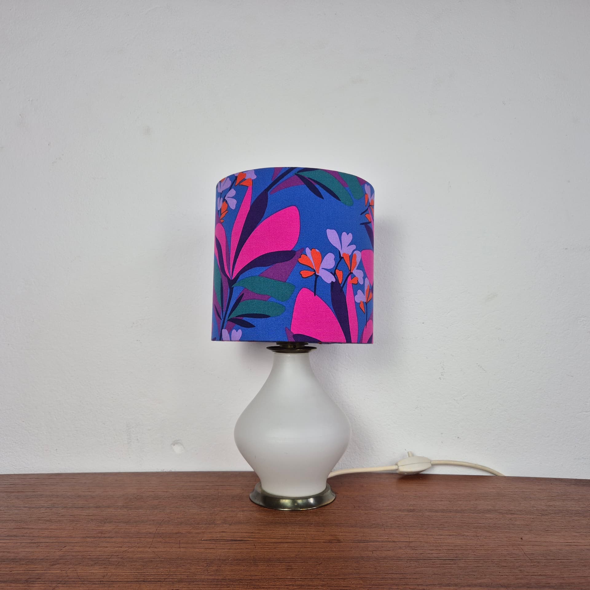 Table lamp, opal white glass, brass metal, multicolor fabric, Germany, 1970s. - 316756