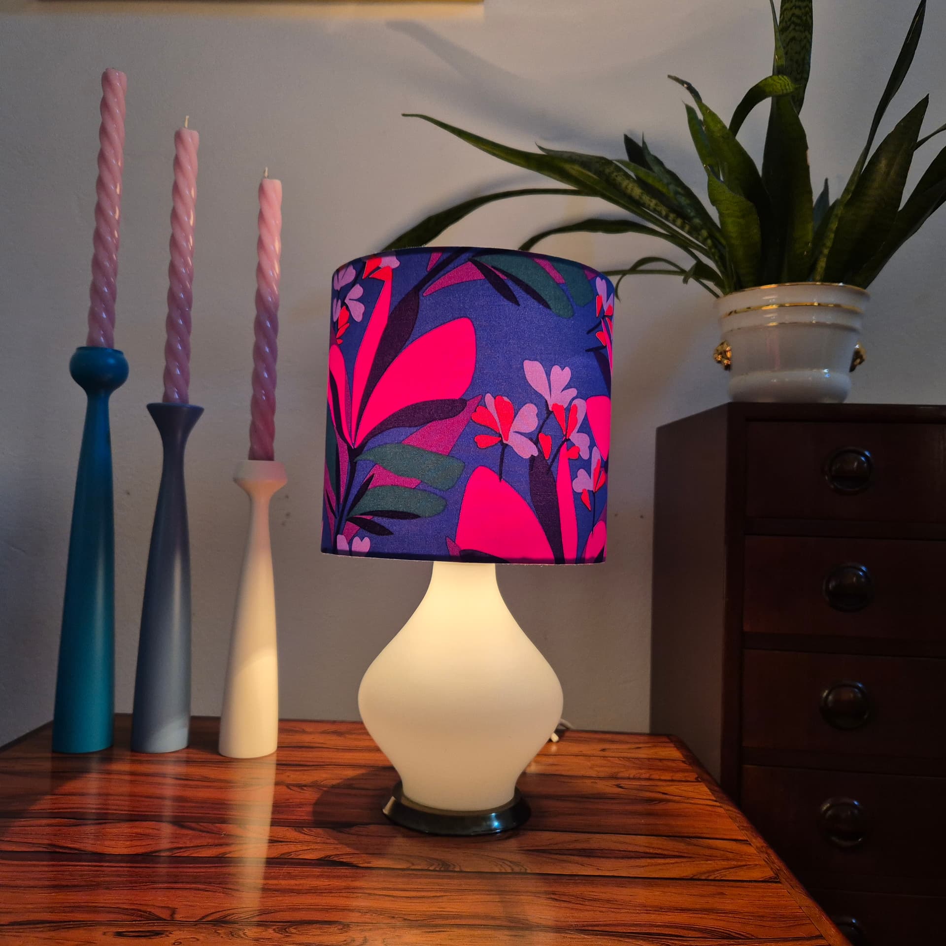 Table lamp, opal white glass, brass metal, multicolor fabric, Germany, 1970s. - 316759
