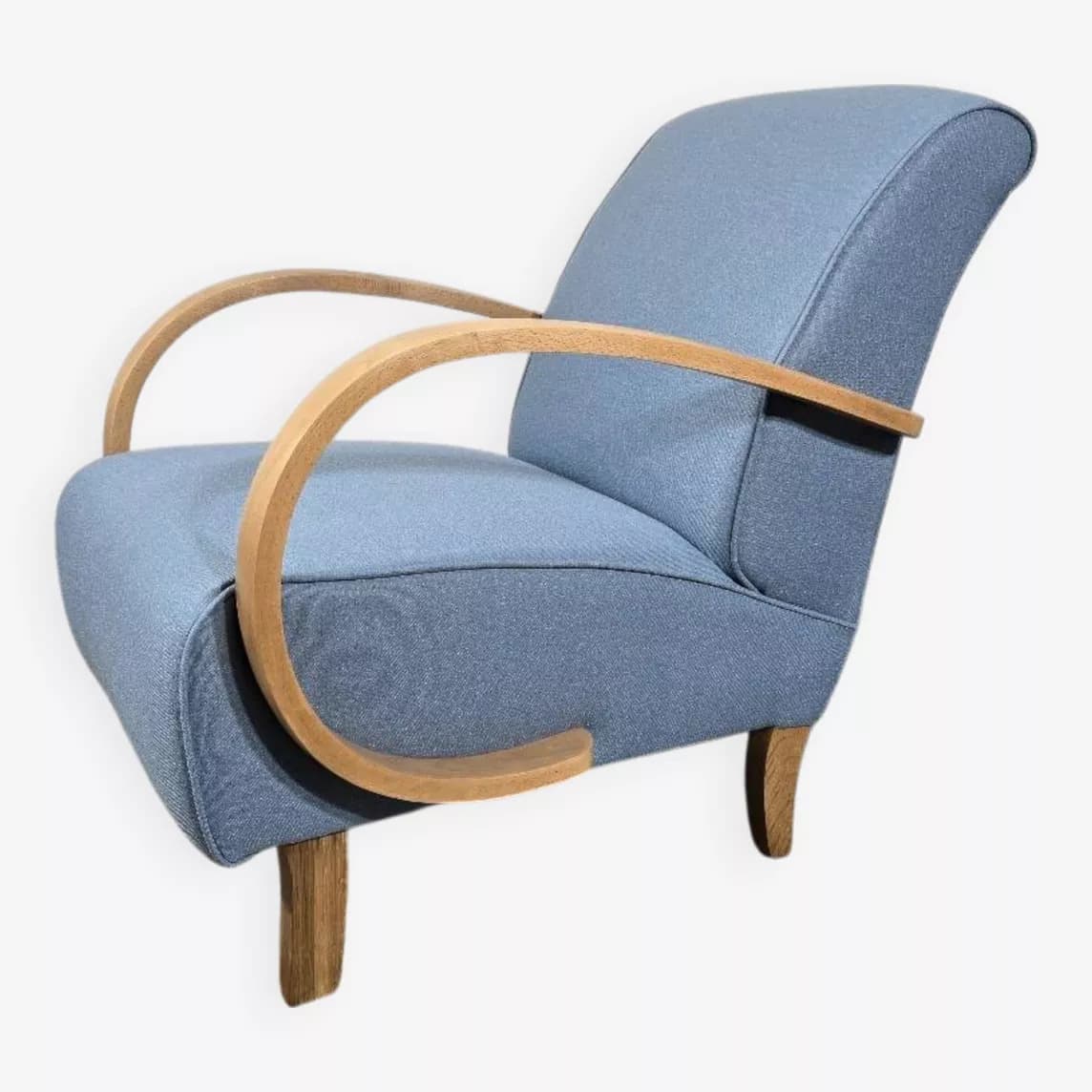 Armchair H 410, blue, oak, by J. Halabala, UP Závody, Czechoslovakia, 1950s.