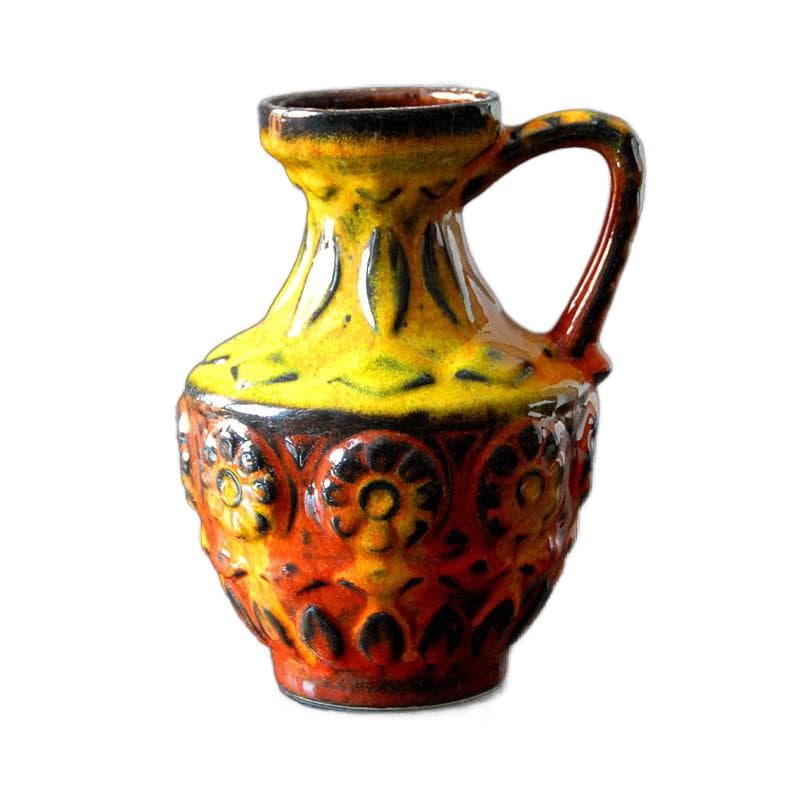 Vase, yellow orange red black ceramics, by B. Mans, Bay Keramik, Germany, 1960s.