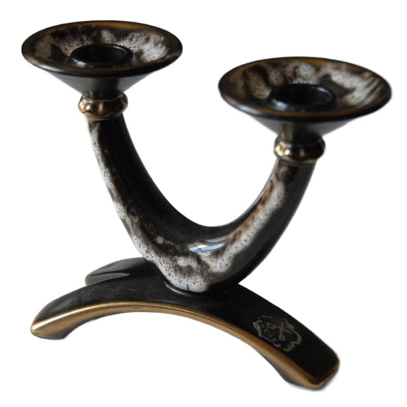 Two-arm candlestick, brown white gold, ceramics, Dumler Breiden Hohr Pottery, Germany, 1970s.