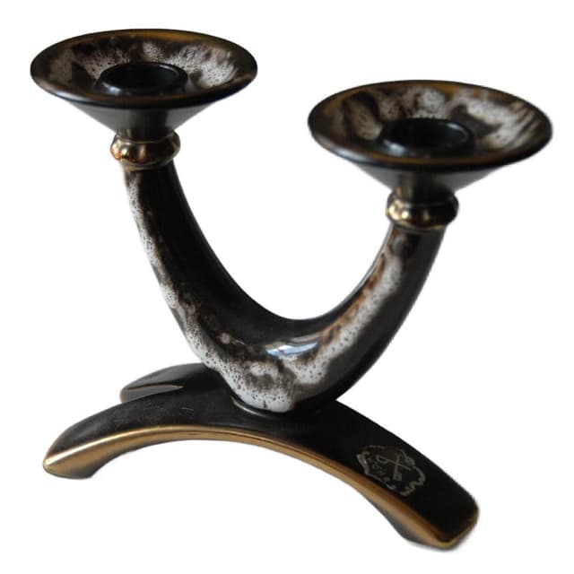 Two-arm candlestick, brown white gold, ceramics, Dumler Breiden Hohr Pottery, Germany, 1970s. - DIMENSION