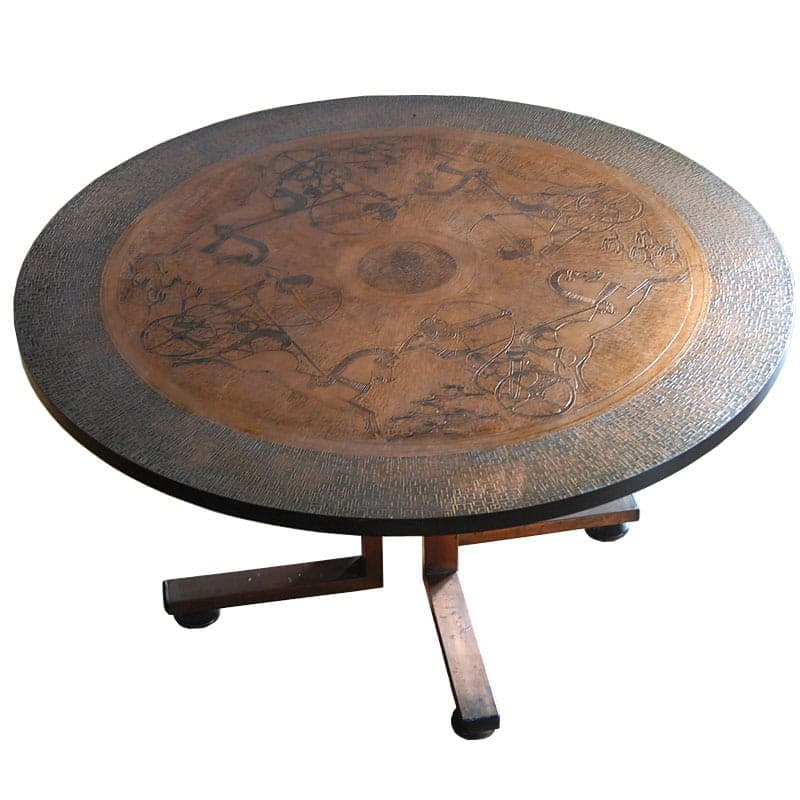 Coffee table, embossed copper brown-red, brown wood, black metal, by J.P. Monrad, Denmark, 1960s. - 318229