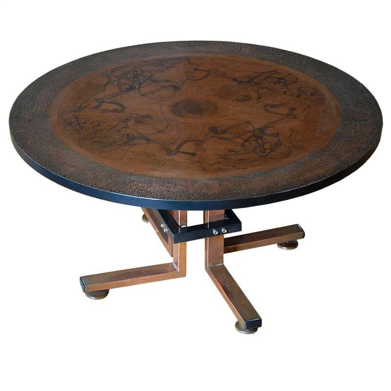 Coffee table, embossed copper brown-red, brown wood, black metal, by J.P. Monrad, Denmark, 1960s. - 318228