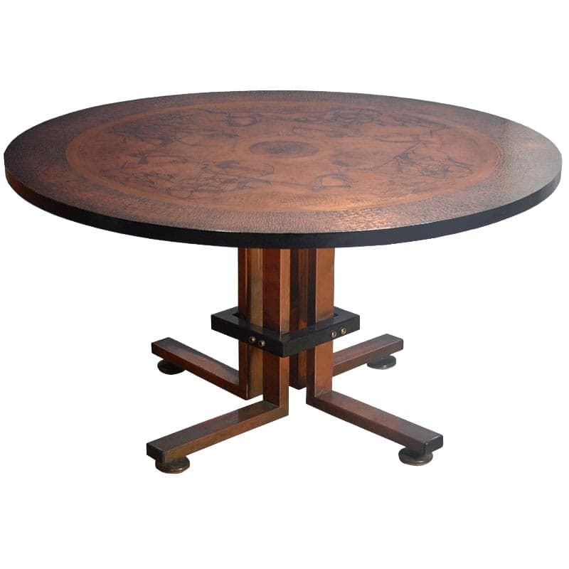 Coffee table, embossed copper brown-red, brown wood, black metal, by J.P. Monrad, Denmark, 1960s.