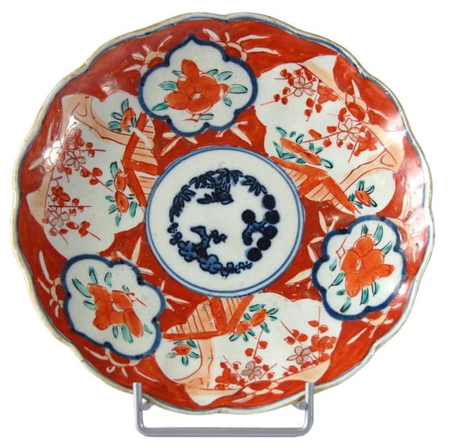 Patera Imari, czerwona niebieska zielona złota, fajans, Japonia, początek XX w. - WYMIARY