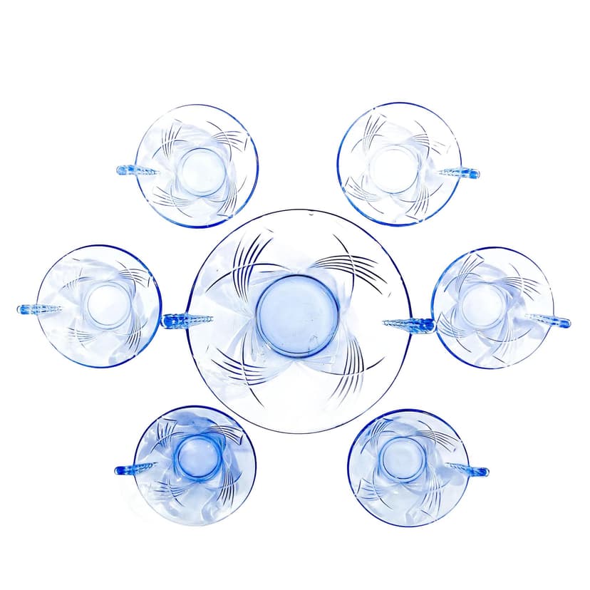 Art Deco Bowl Set, blue glass, Huta Niemen, Poland, 1930s