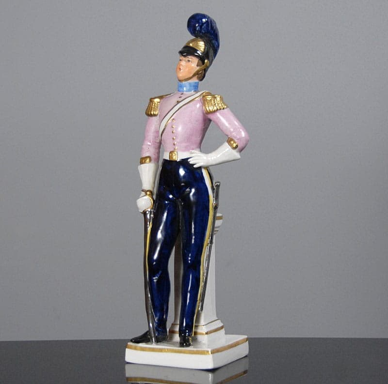 Figurine of a Soldier, pink, navy blue, porcelain, Sitzendorf, Germany, 1930s. - 317984