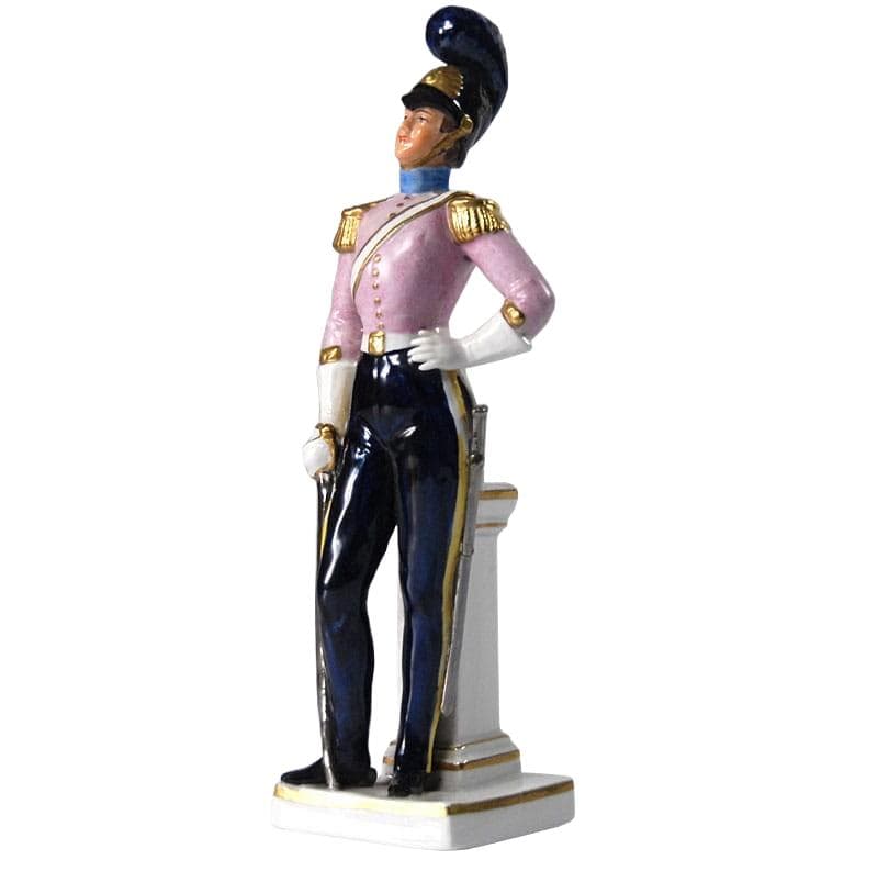 Figurine of a Soldier, pink, navy blue, porcelain, Sitzendorf, Germany, 1930s.