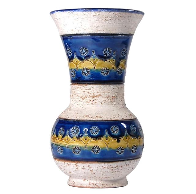 Wazon ceramiczny, biały niebieski żółty, ceramika, Włochy, lata 60. - WYMIARY
