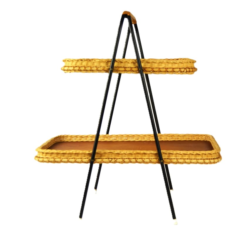 Serving table, light brown wood, black metal, honey rattan, Germany, 1960s.