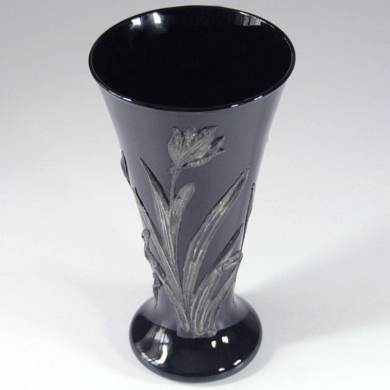 Wazon, szkło czarne, metal srebrny, Francja, lata 50. - 317683