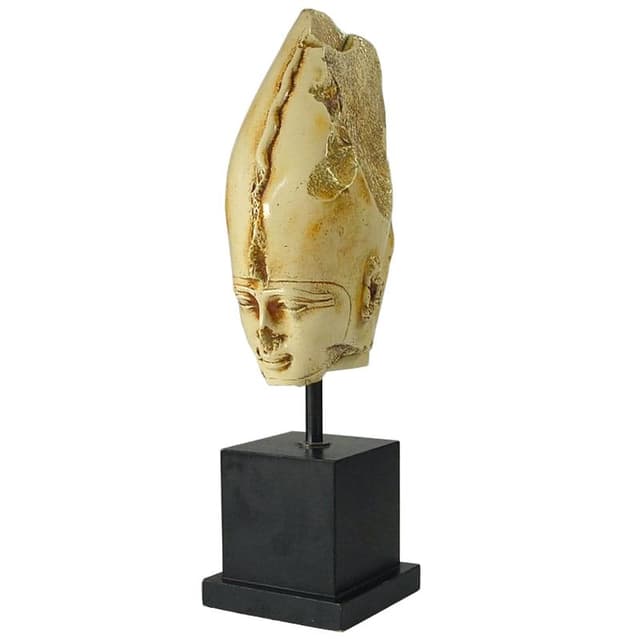 Rzeźba dekoracyjna, głowa egipska Psamtyka III, gips beżowy, drewno czarne, lata 2000 - WYMIARY