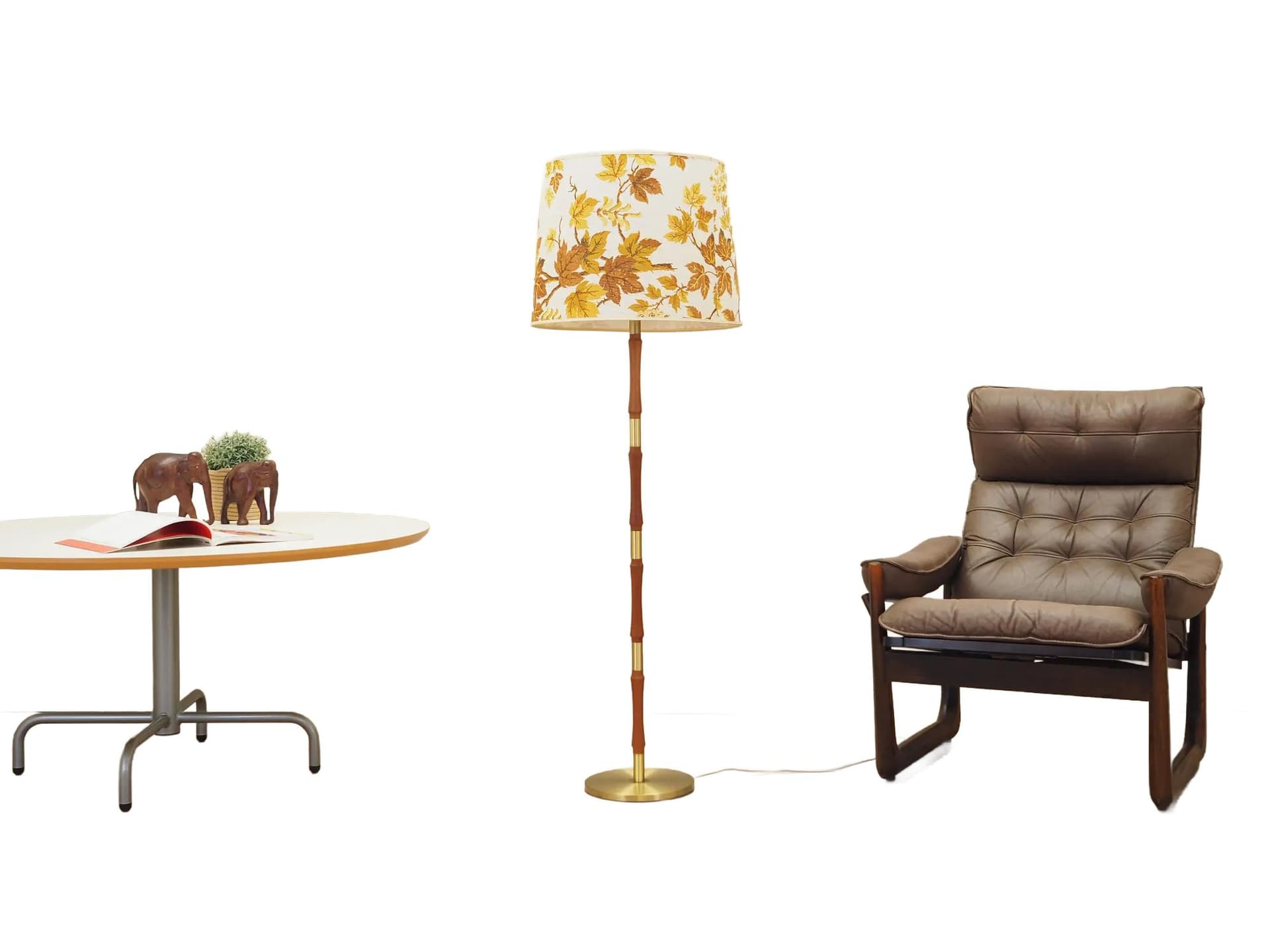 Lampa podłogowa, multicolor, drewno tekowe mosiądz tkanina, Dania, lata 70. - 23725