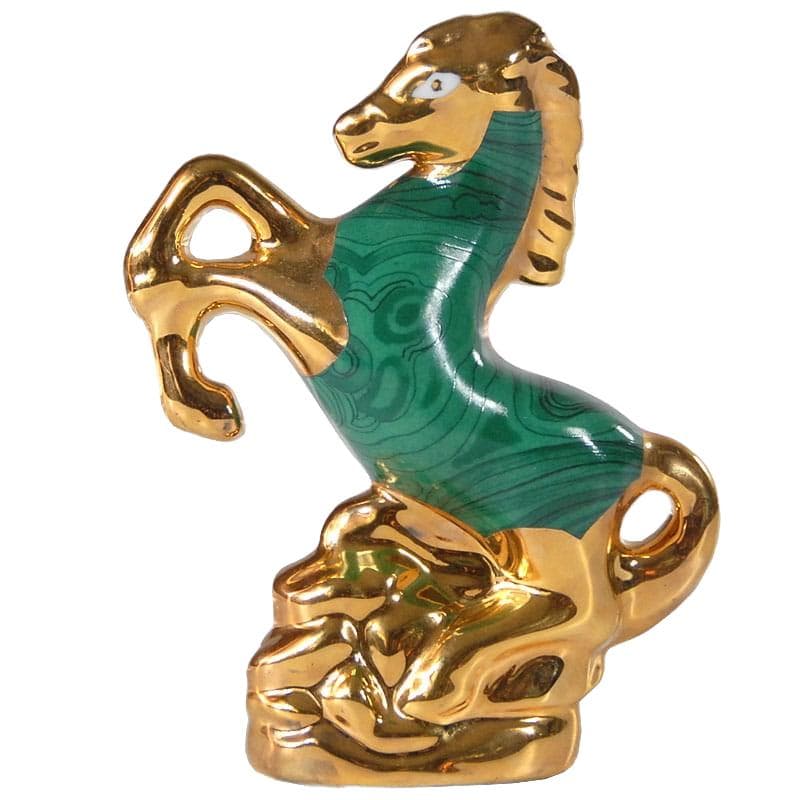 Horse figurine, green, gold, porcelain, Spain, 1970s.