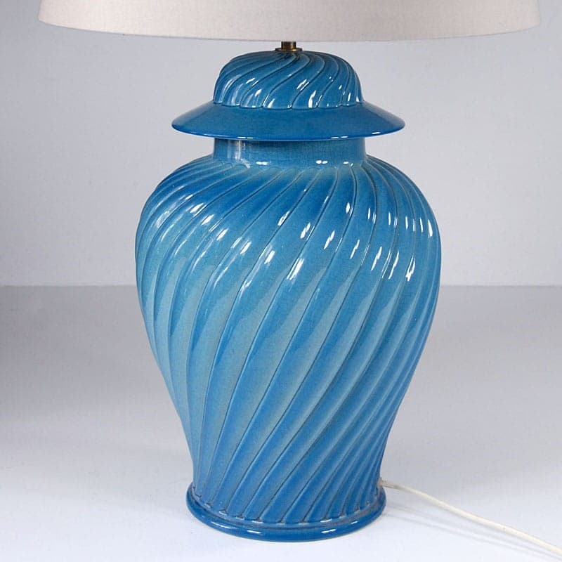 Table Lamp Kostka, blue ceramic, white cotton, France, 1970s. - 318750