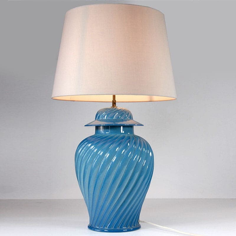 Table Lamp Kostka, blue ceramic, white cotton, France, 1970s. - 318749