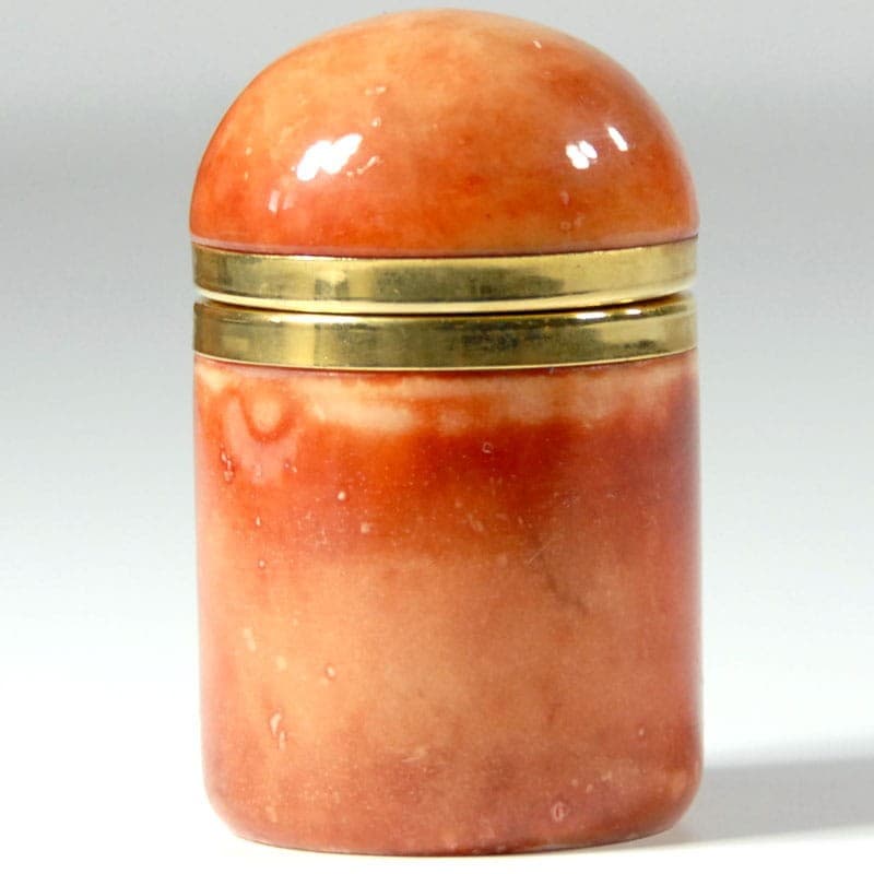 Pojemnik, alabaster barwiony pomarańczowy multikolor, mosiądz złoty, Włochy, lata 60. - 318730