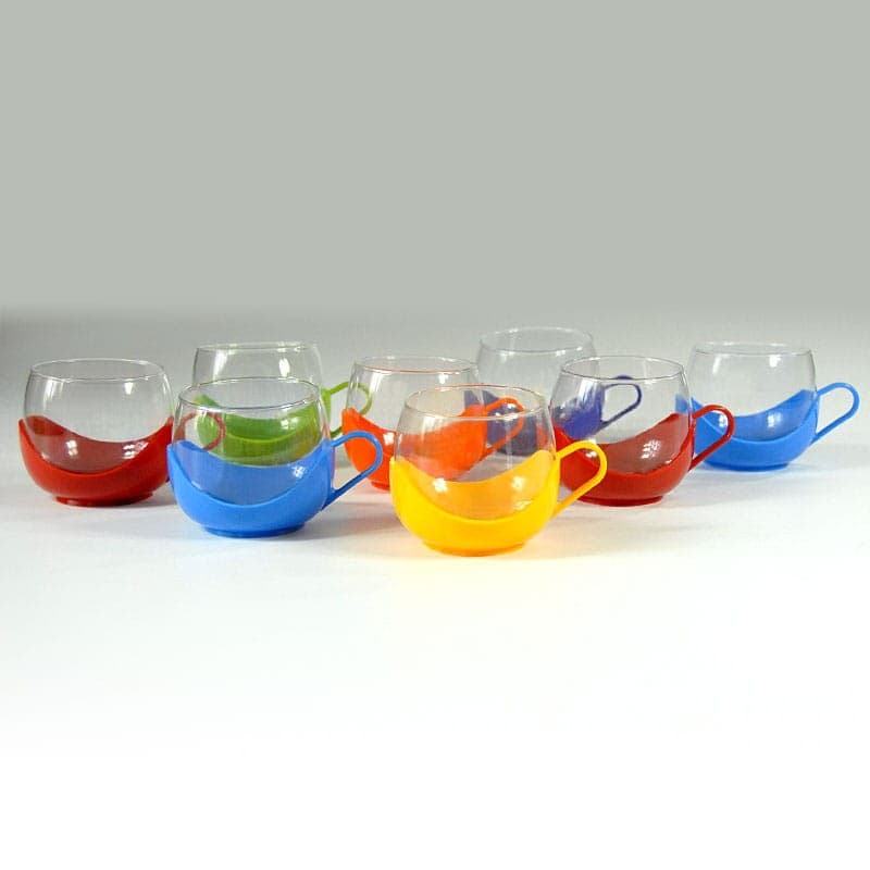 Komplet szklanek Space Age, szkło transparentne, koszyczki plastik czerwony/niebieski/zielony/żółty/pomarańczowy, Dania, lata 70. - 318647