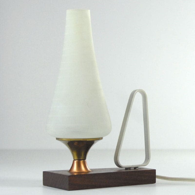 Lampka stołowa mid-century, teak brązowy, szkło biały, lata 60. - 318546
