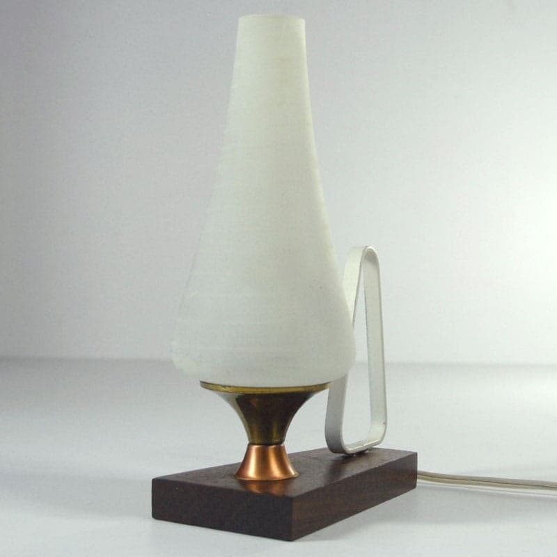 Lampka stołowa mid-century, teak brązowy, szkło biały, lata 60. - 318547