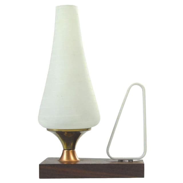Lampka stołowa mid-century, teak brązowy, szkło biały, lata 60. - WYMIARY