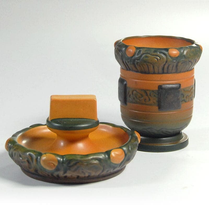 Zestaw ceramiczny, pomarańczowy zielony brązowy czarny, ceramika, Dania, lata 20. - 318542