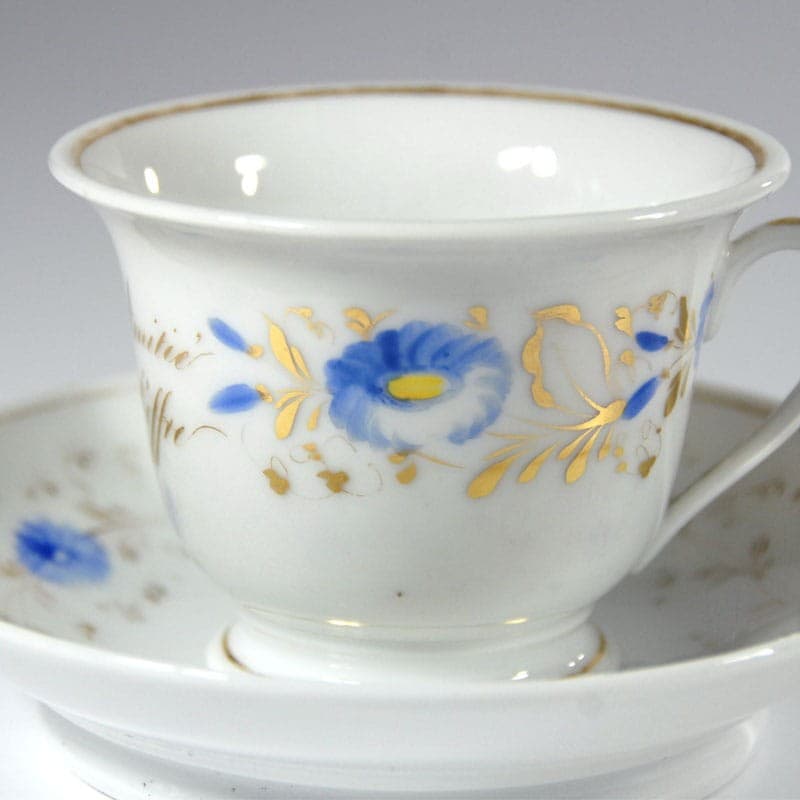Filiżanka ze spodkiem, kwiatowy, porcelana biała kobaltowa złocona, Francja, początek XX w. - 319473