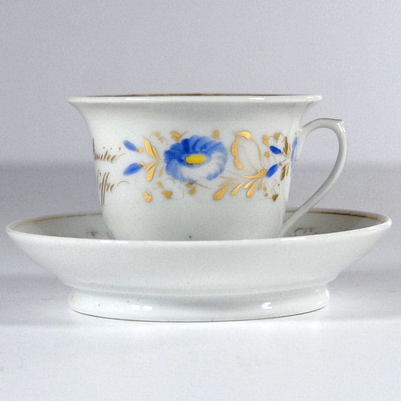 Filiżanka ze spodkiem, kwiatowy, porcelana biała kobaltowa złocona, Francja, początek XX w. - 319474