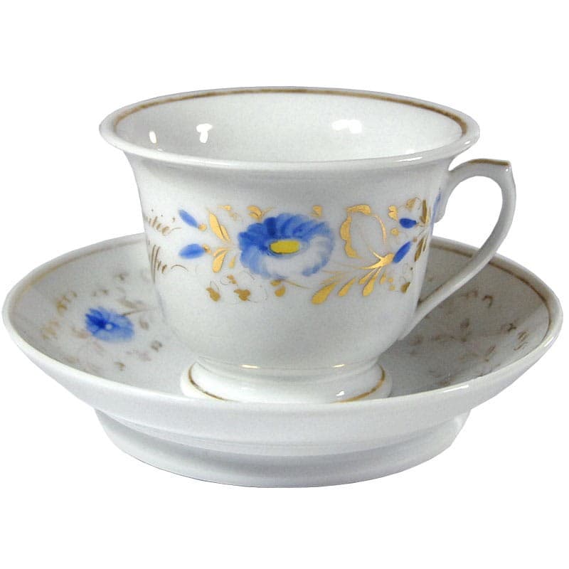 Filiżanka ze spodkiem, kwiatowy, porcelana biała kobaltowa złocona, Francja, początek XX w. - 319475