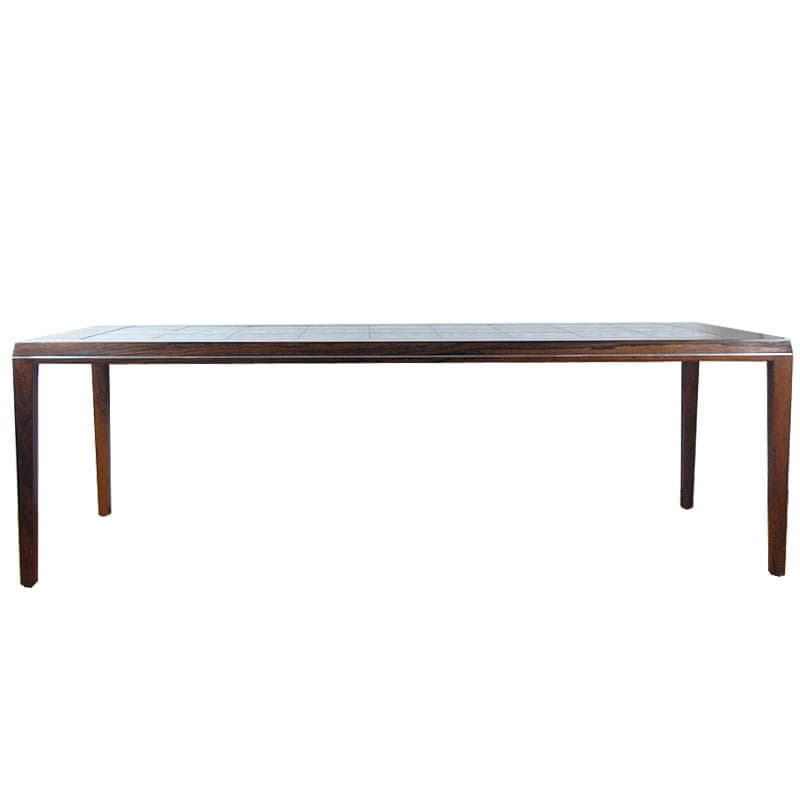 Stół kawowy, palisander brązowy, ceramika szara biała, aluminium srebrny, proj. S. Hansen, N. Thorsson, Royal Copenhagen, Dania, lata 60. - 319386