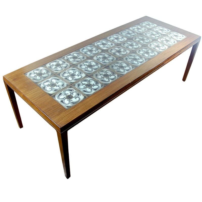 Stół kawowy, palisander brązowy, ceramika szara biała, aluminium srebrny, proj. S. Hansen, N. Thorsson, Royal Copenhagen, Dania, lata 60. - 319385