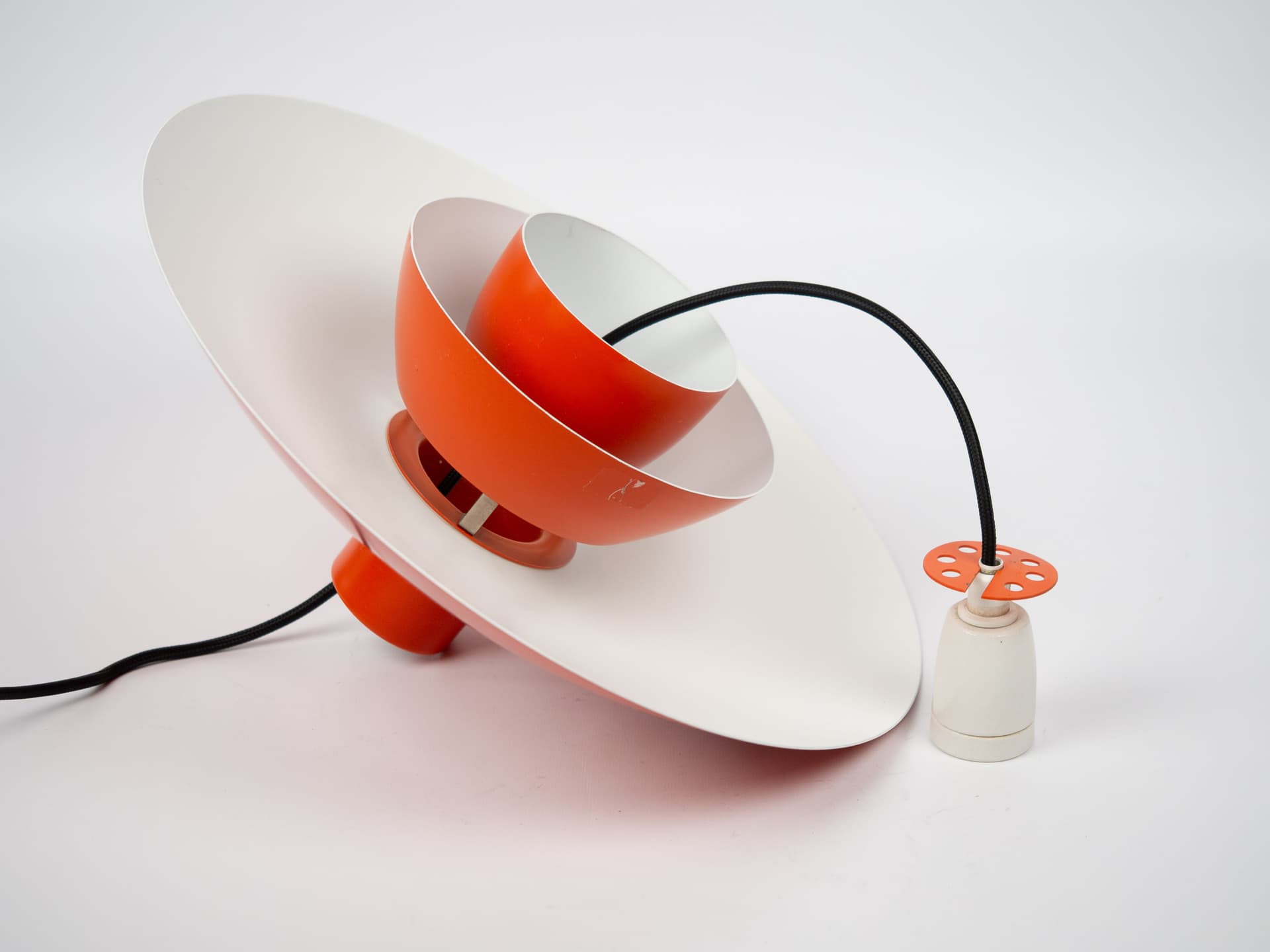 Pendant lamp PH 4/3, red orange, aluminum, by P. Henningsen, Louis Poulsen, Denmark, 1970s. - 319143