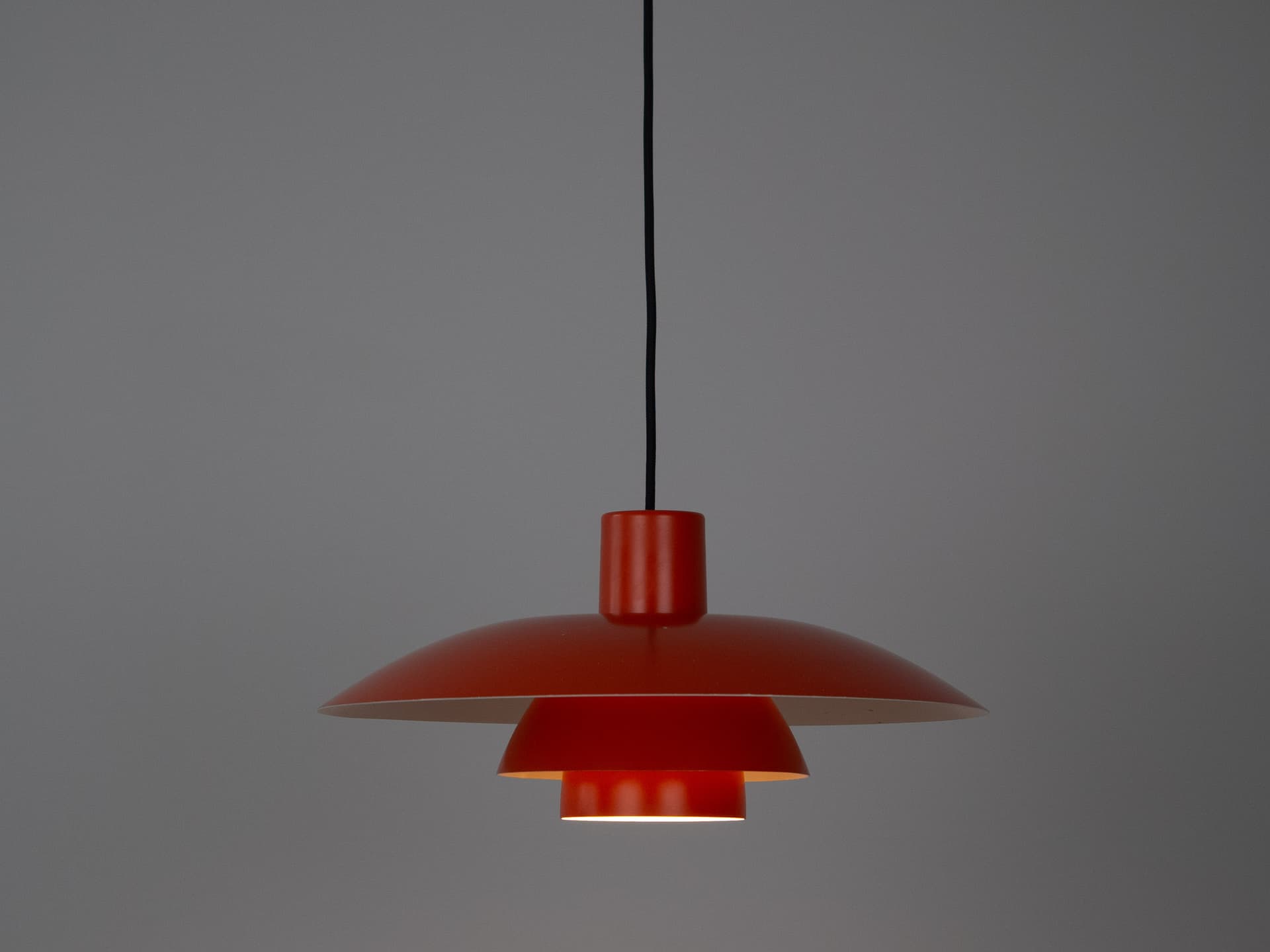 Pendant lamp PH 4/3, red orange, aluminum, by P. Henningsen, Louis Poulsen, Denmark, 1970s. - 319139