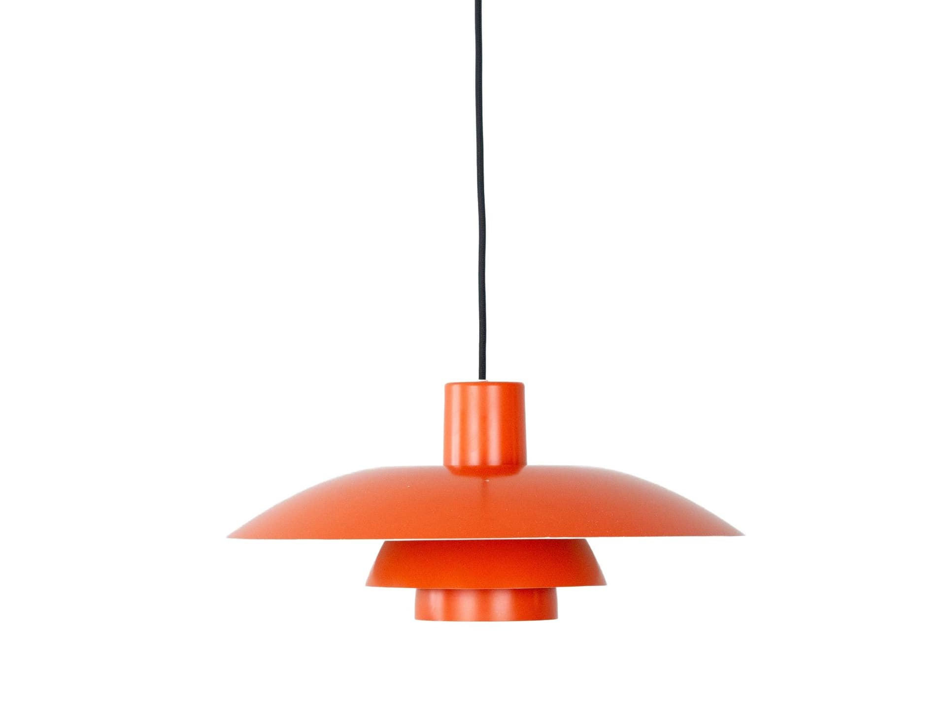Pendant lamp PH 4/3, red orange, aluminum, by P. Henningsen, Louis Poulsen, Denmark, 1970s.